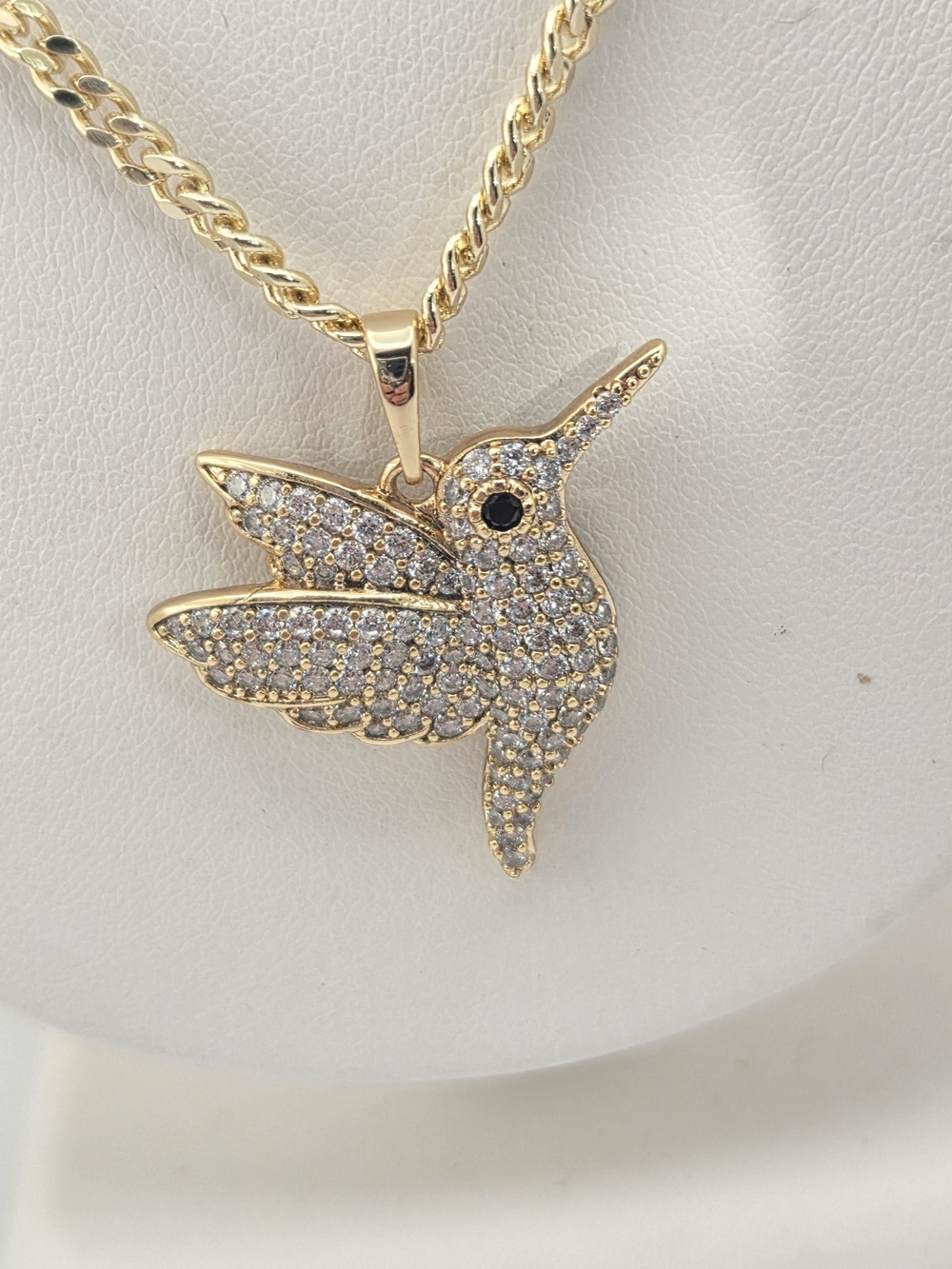 Gold Tone Paved Rhinestone Hummingbird Pendant Necklace 19.5" XP Marked